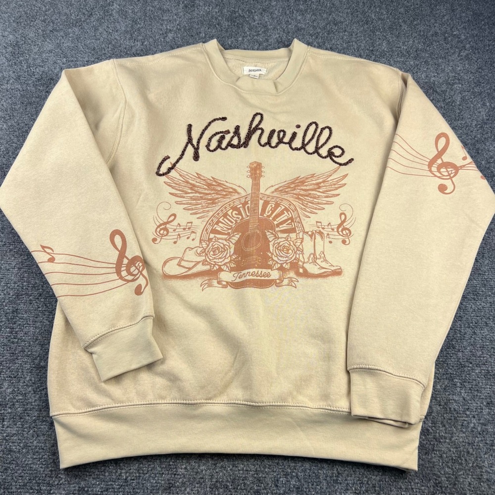 Persaya Nashville Music City Tennessee Embroidered Graphic Sweatshirt Tan Medium